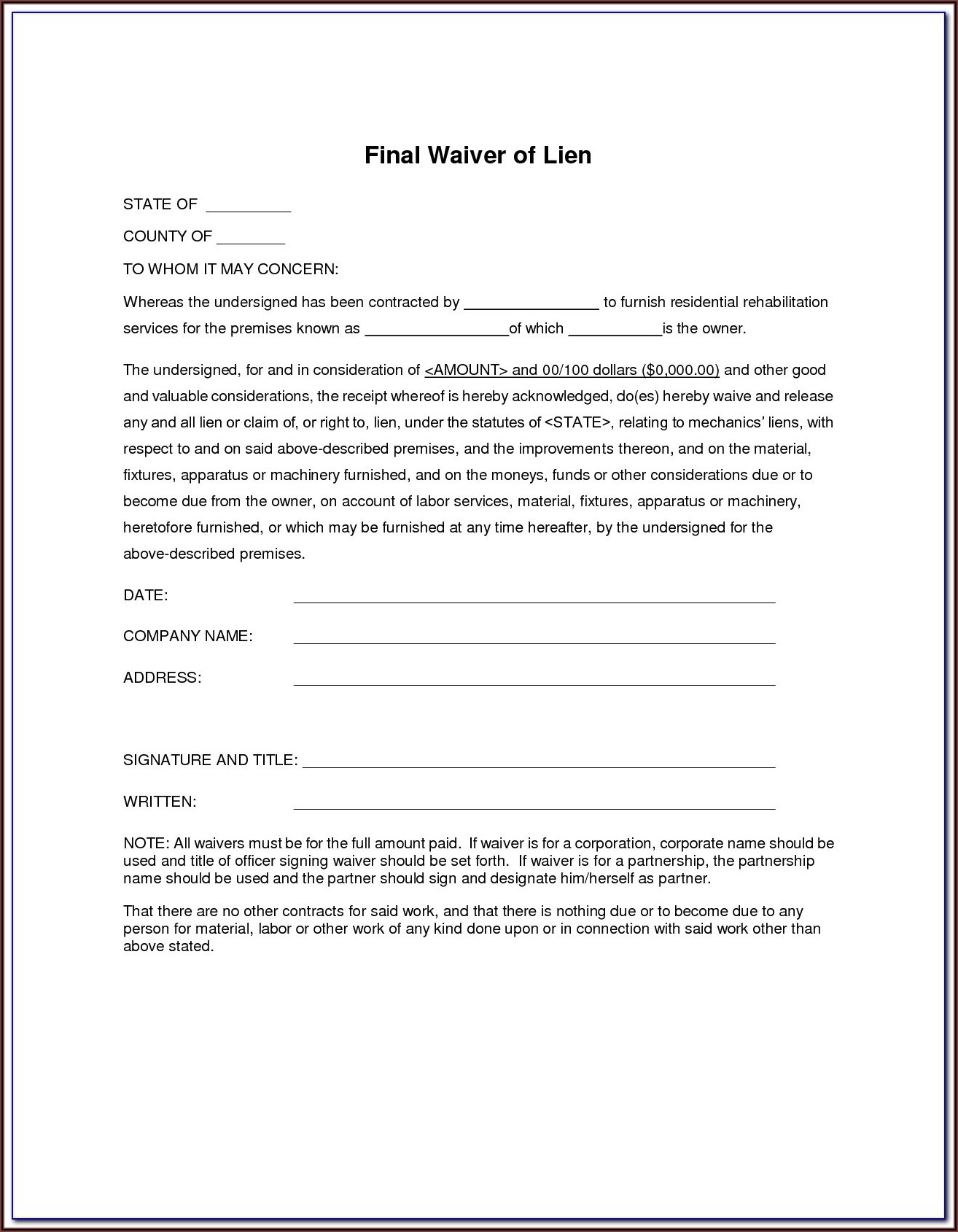 Subcontractor Partial Release Of Lien Form