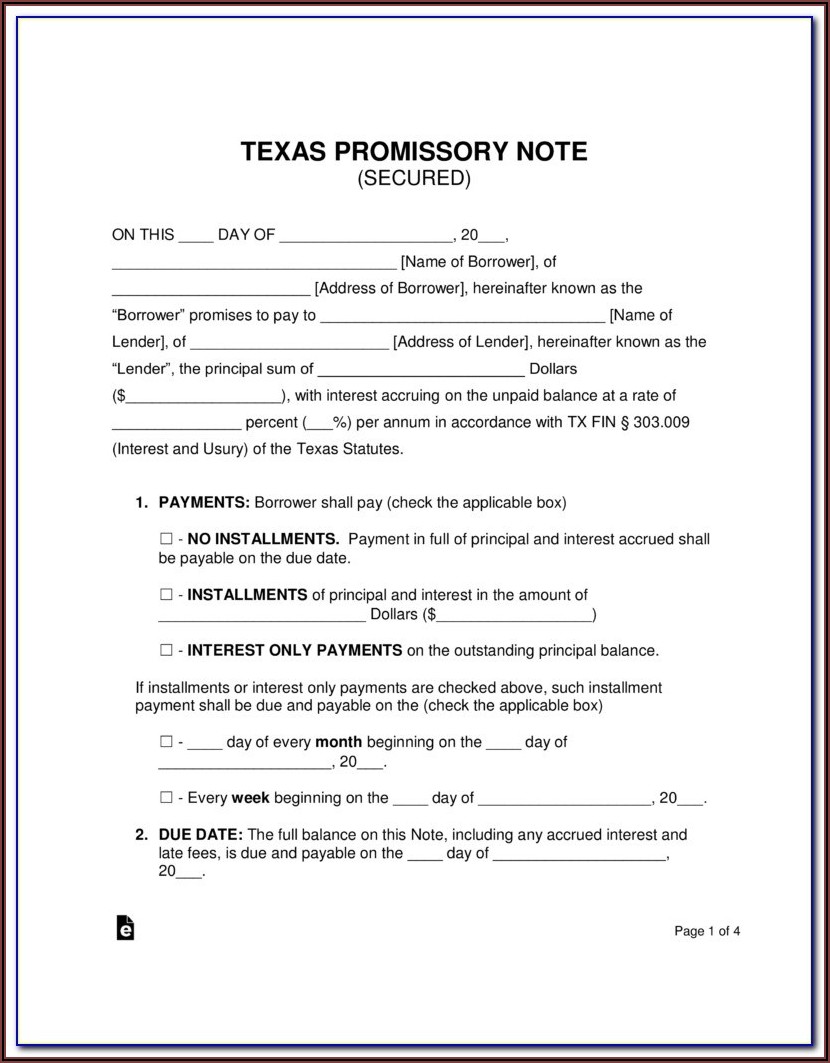 Texas Simple Promissory Note Form