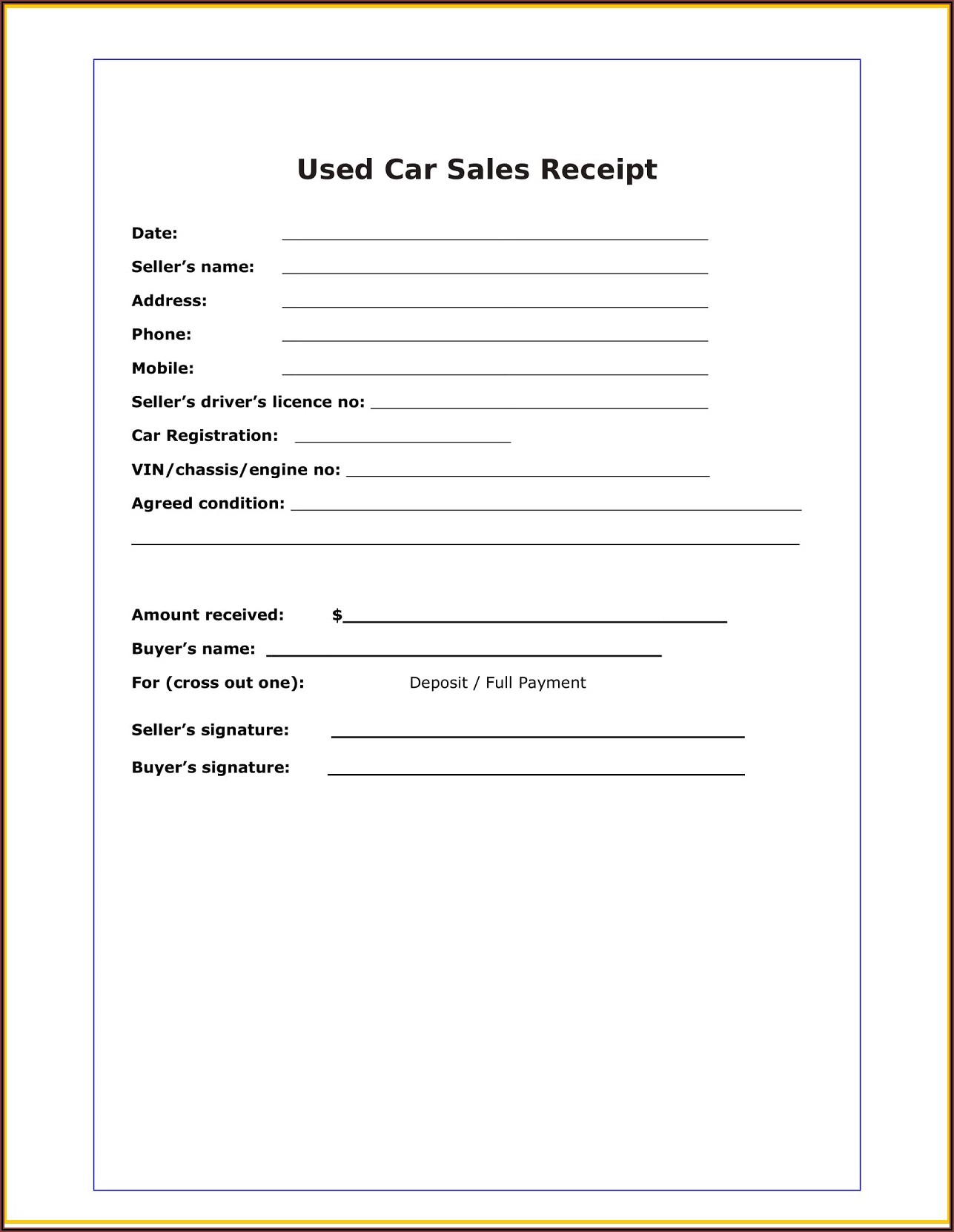 Used Car Sales Receipt Form