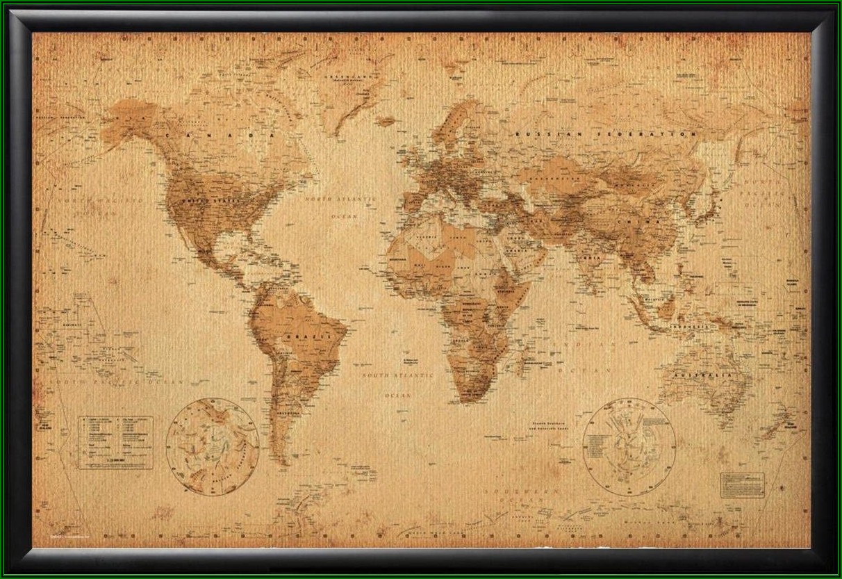 Vintage World Map Poster Framed