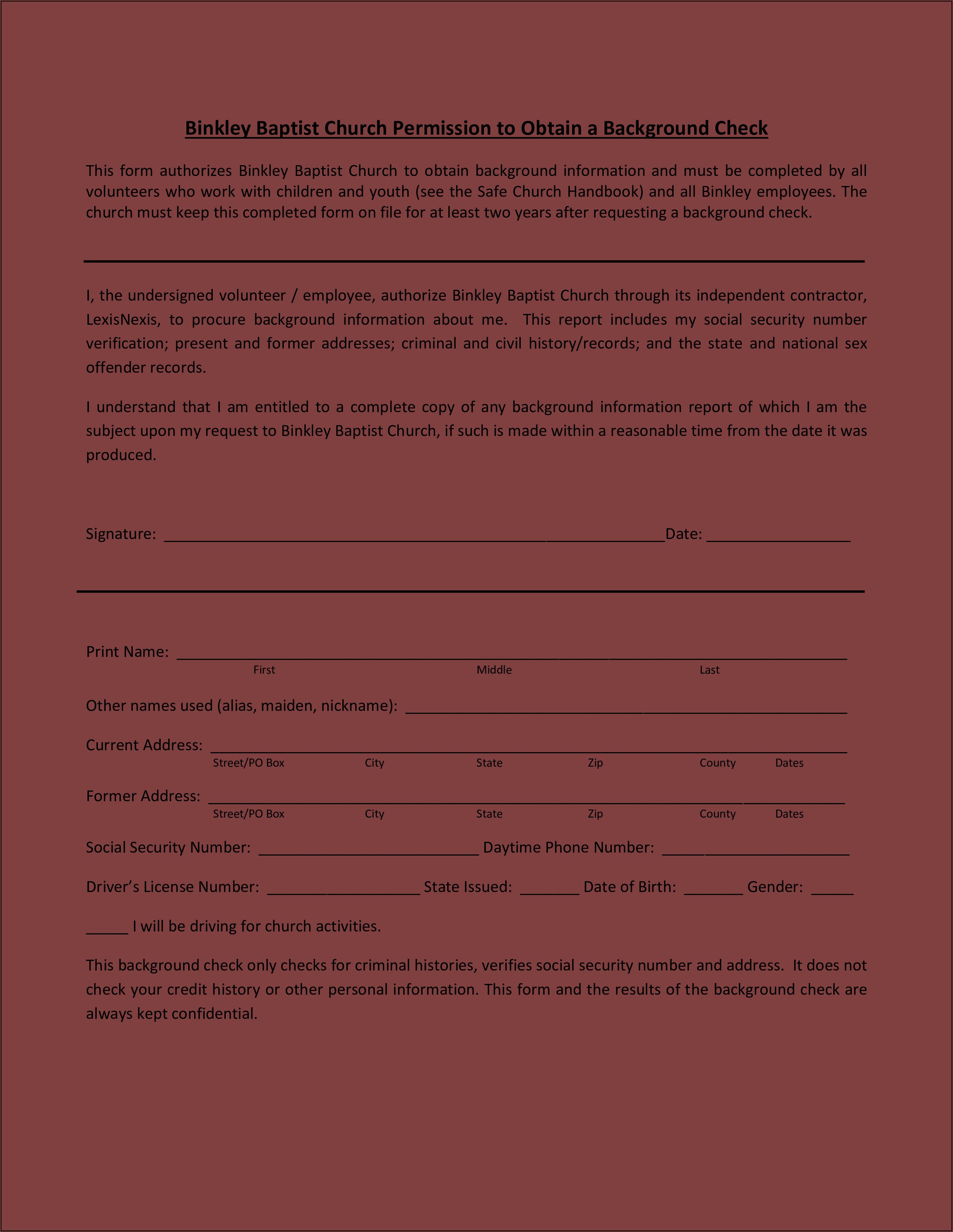 Volunteer Background Check Authorization Form Template