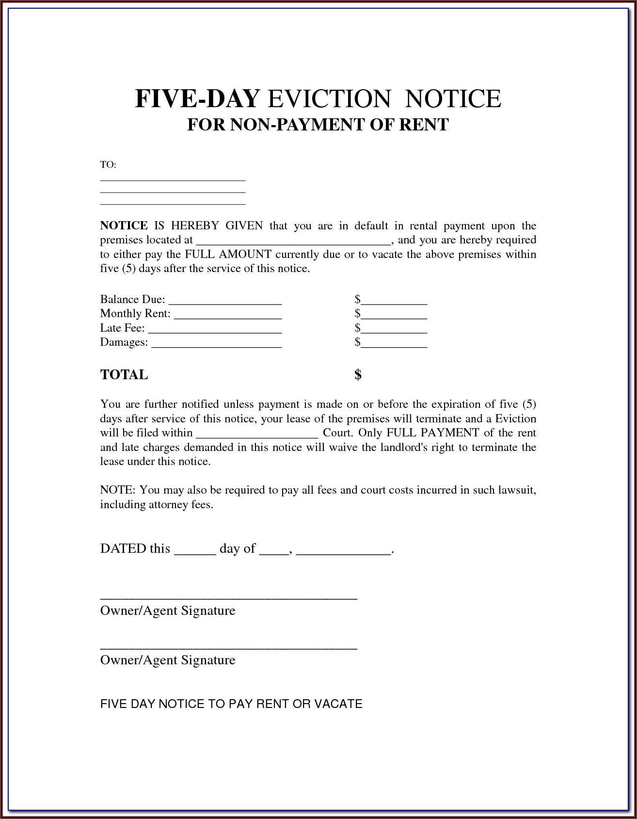 Wisconsin 5 Day Eviction Notice Form