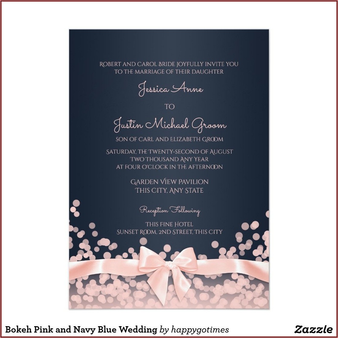 Bokeh Pink And Navy Blue Wedding Invitation