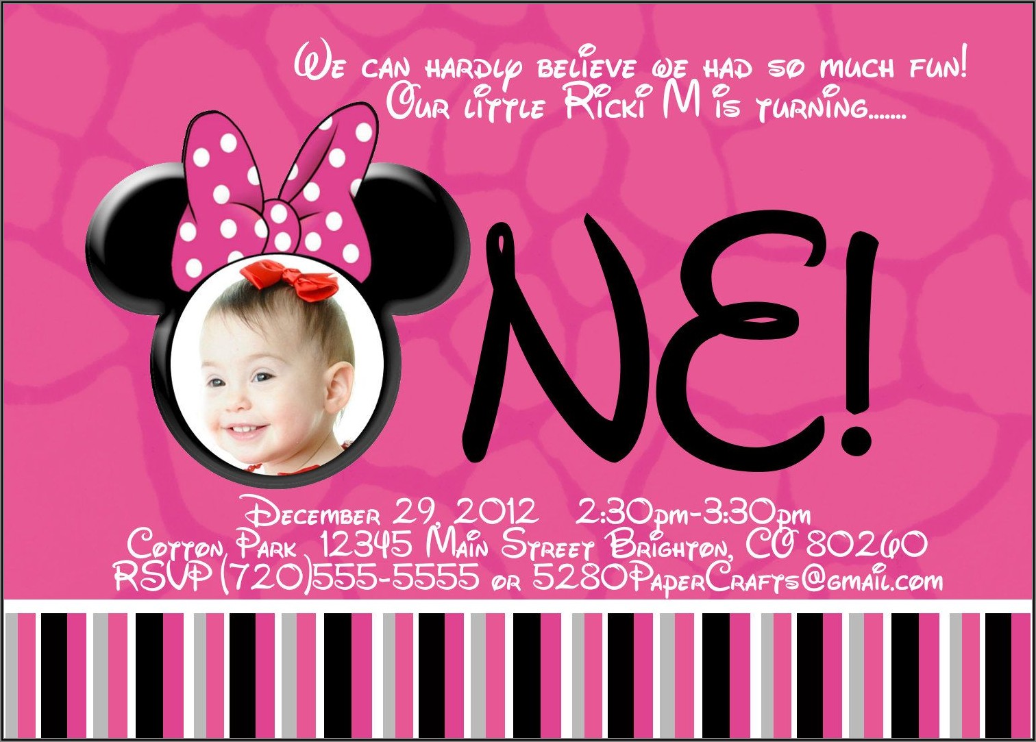Minnie Mouse 1st Birthday Invitations With Photo