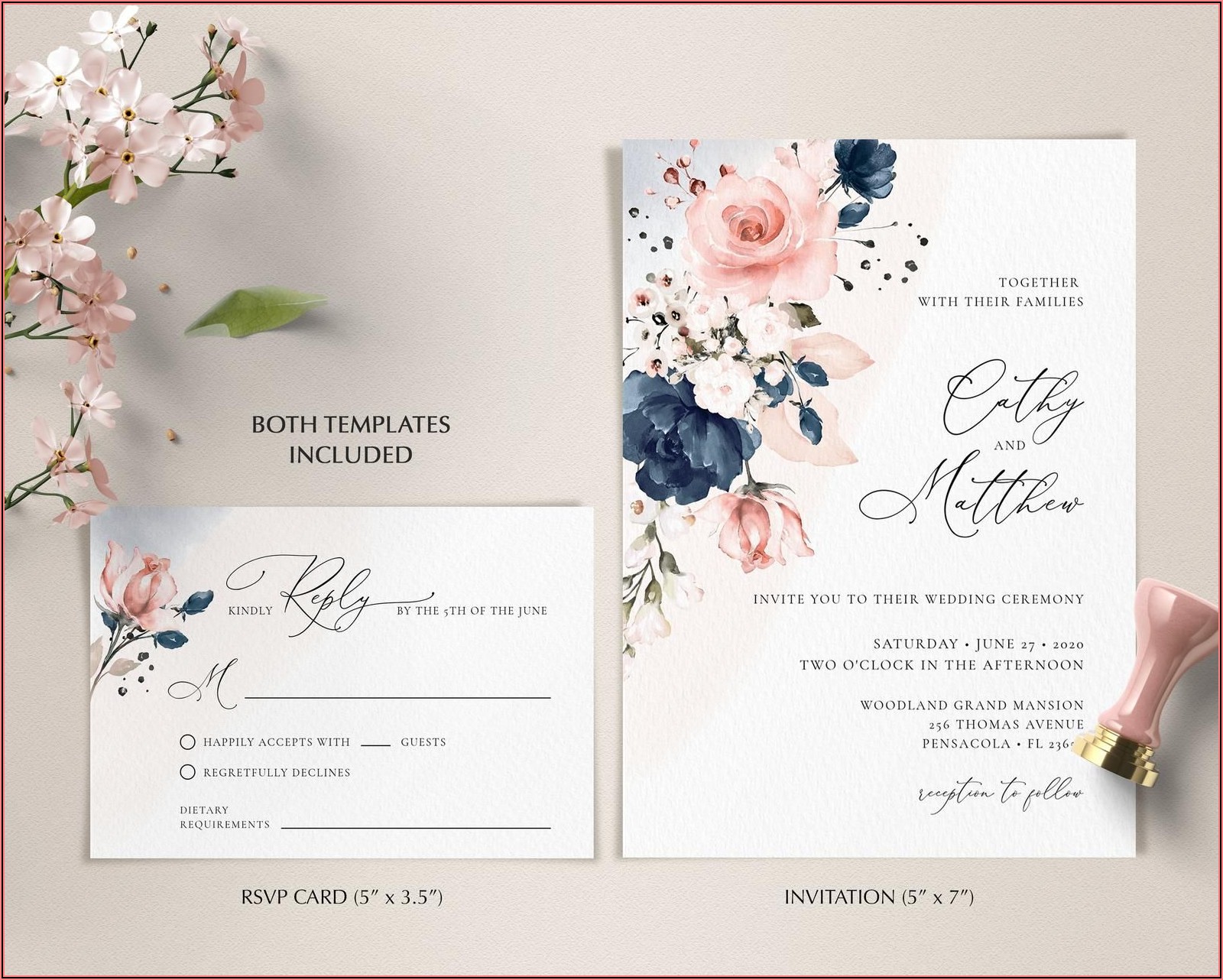 Navy Blue And Pink Wedding Invitation Card