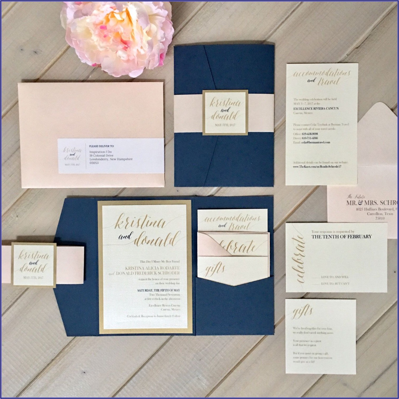 Navy Pink Gold Wedding Invitations
