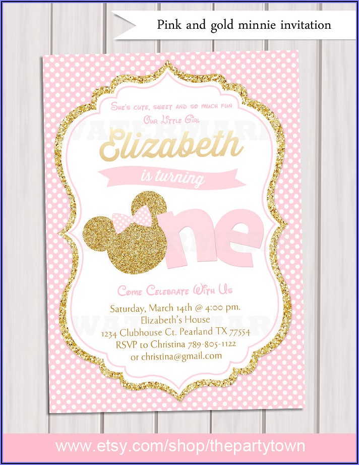 Pink And Gold Minnie Mouse 1st Birthday Invitations