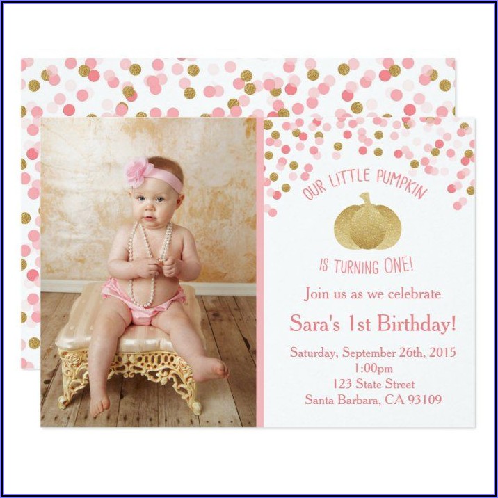 Pink And Gold Pumpkin First Birthday Invitations