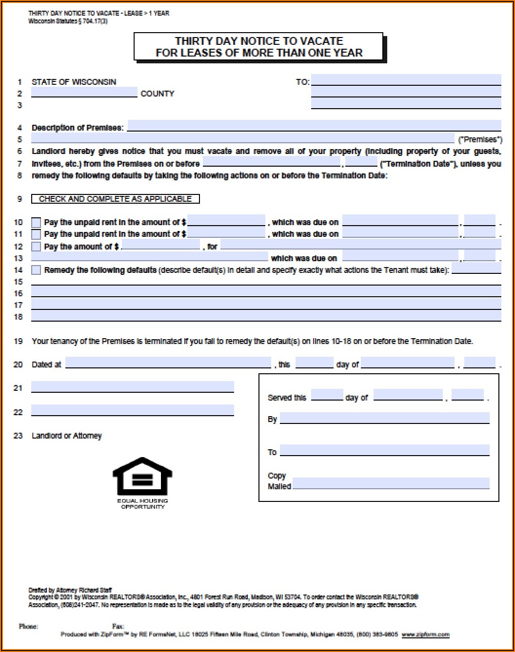 30 Day Eviction Notice Form Wisconsin