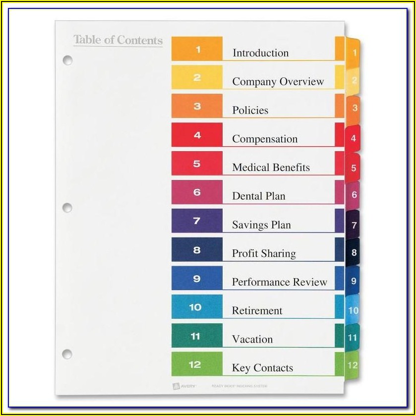 Avery Ready Index 5 Tab Table Of Contents Template