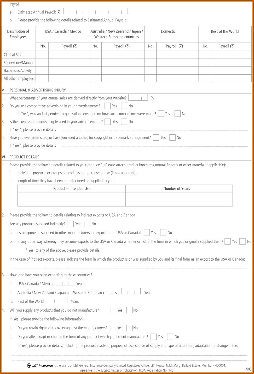 Commercial General Liability Insurance Proposal Form