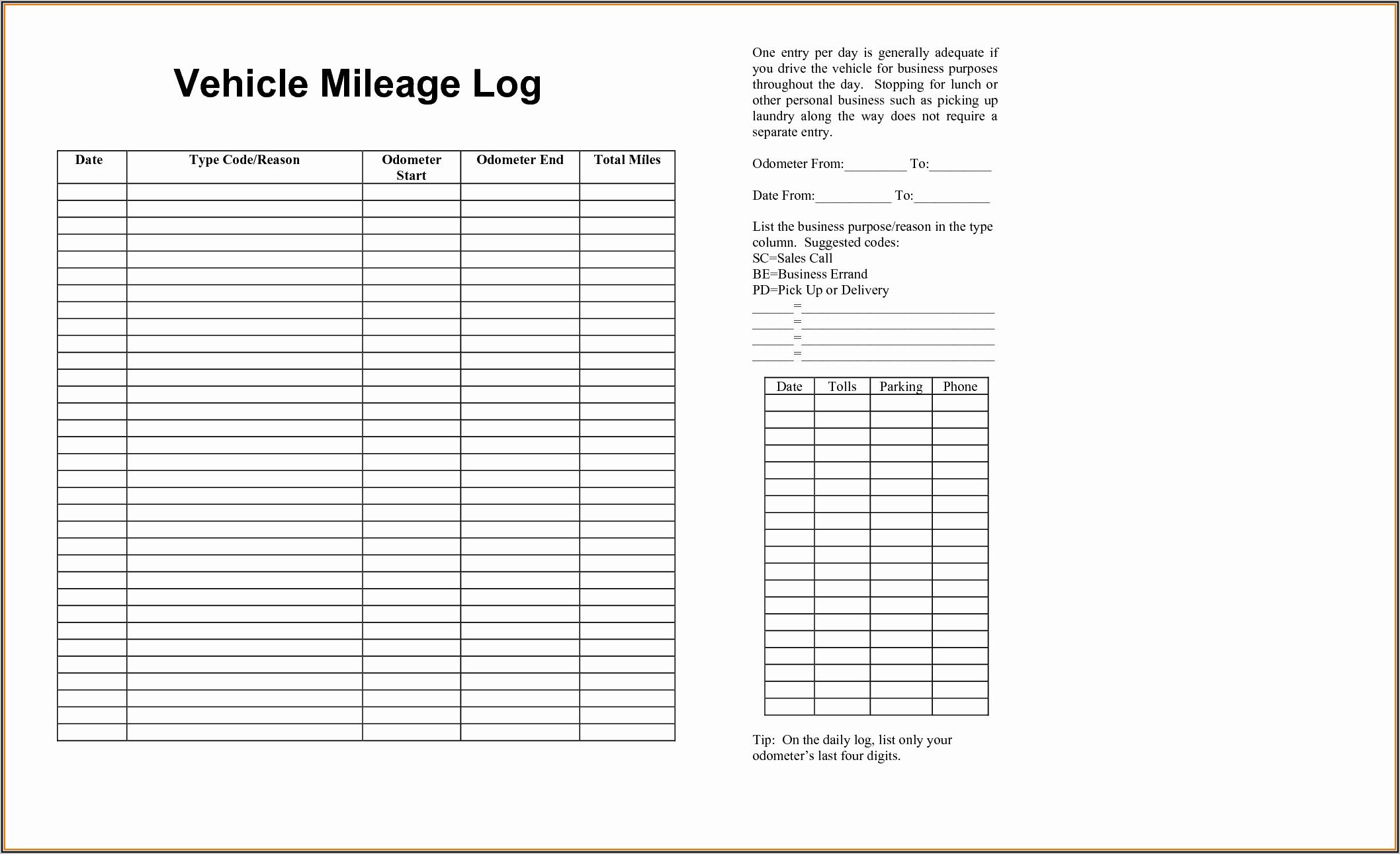 Company Car Mileage Log Template