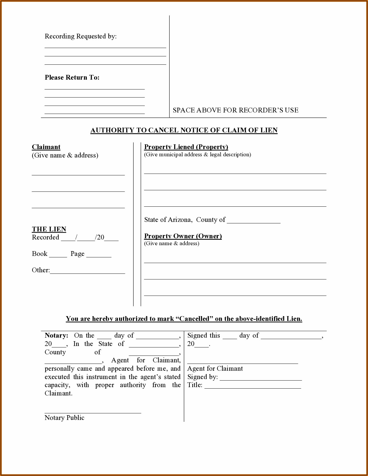 Construction Lien Release Form Arizona