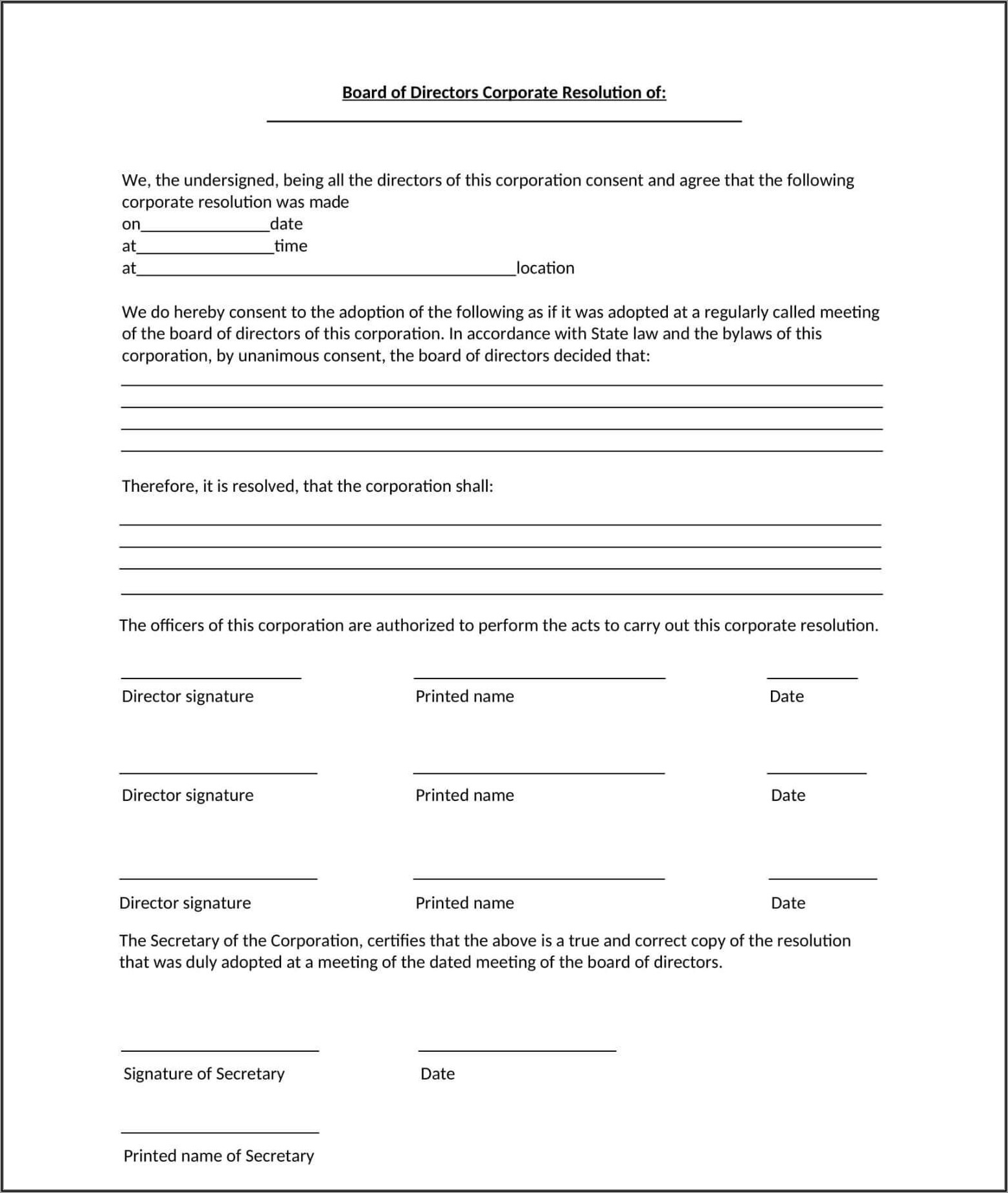 Corporate Resolution Forms Samples