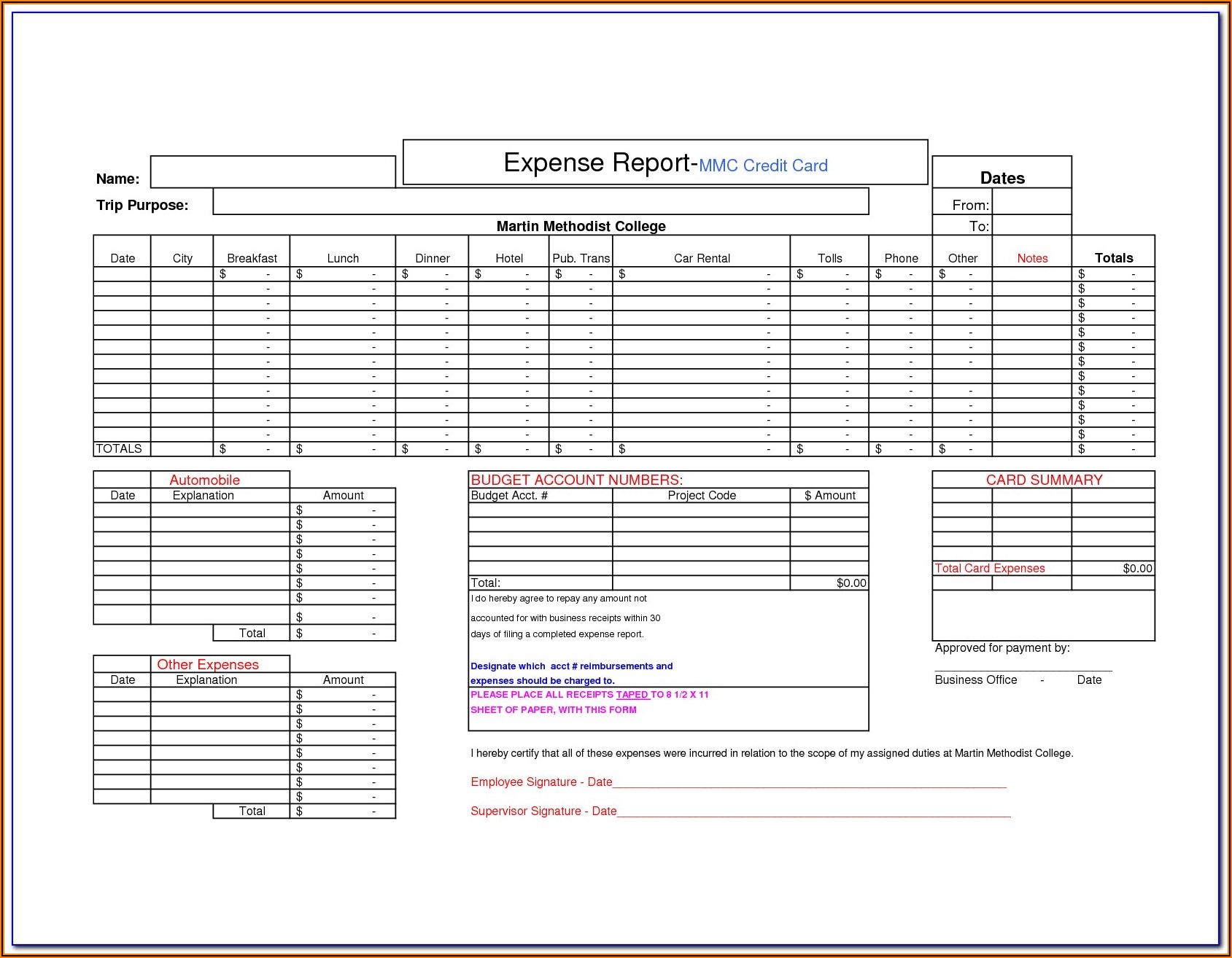 Credit Card Expense Form