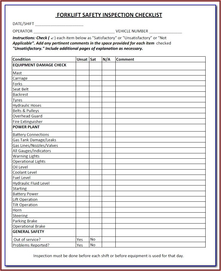 Daily Forklift Safety Checklist Template