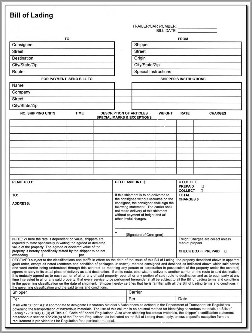Fillable Bill Of Lading Short Form Free