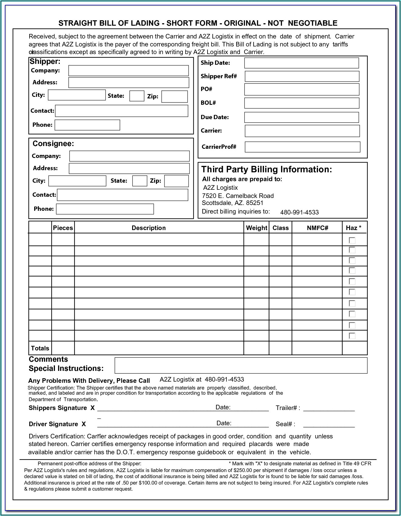 Free Bill Of Lading Short Form Template