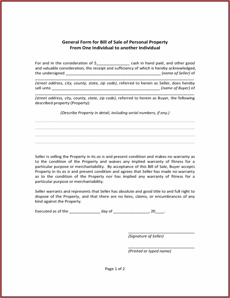 Free Bill Of Sale Form For Personal Property