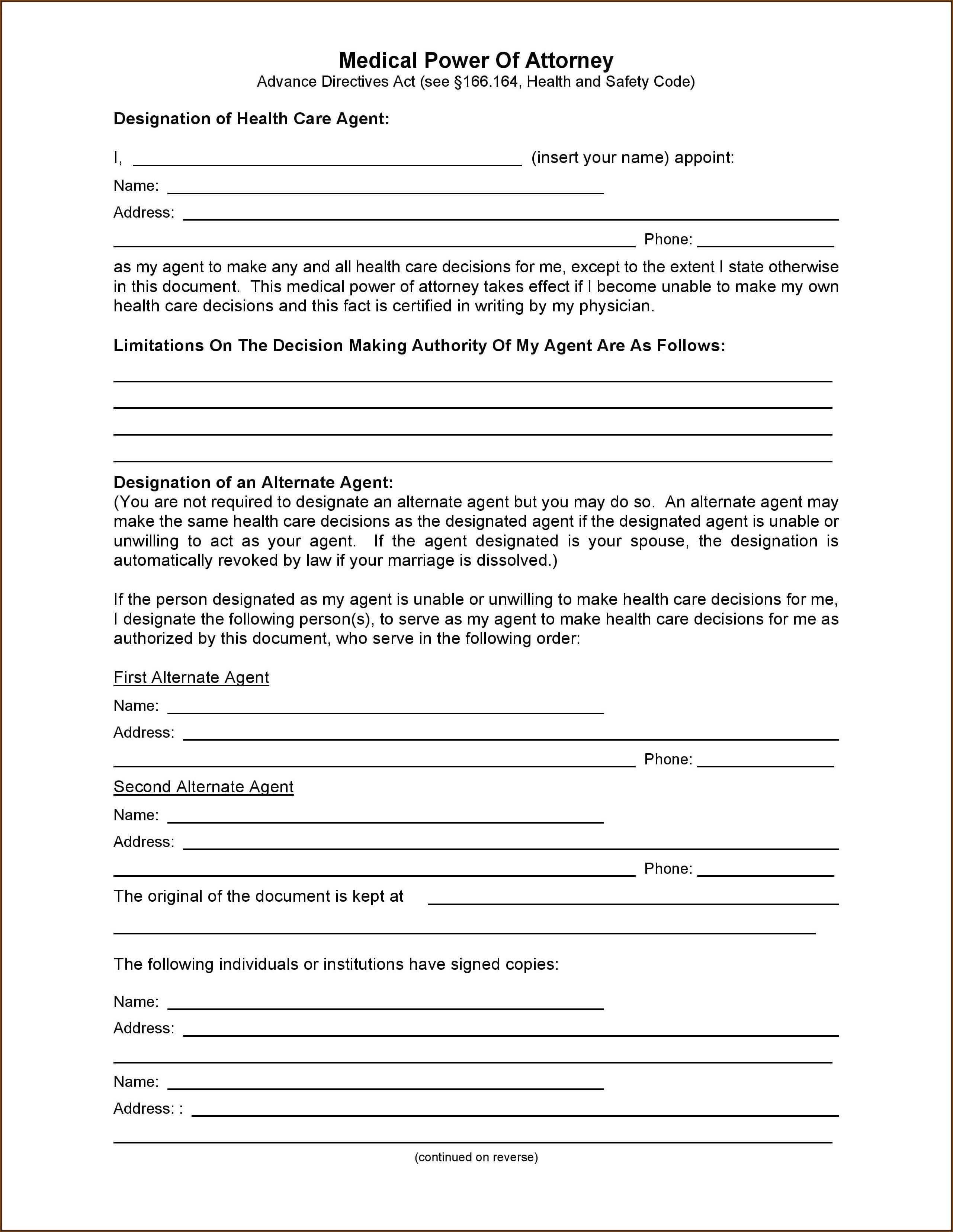 Free Blank Printable Medical Power Of Attorney Form Pdf
