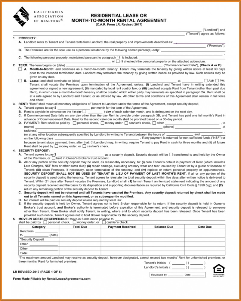 Free California Association Of Realtors Residential Lease Agreement Form