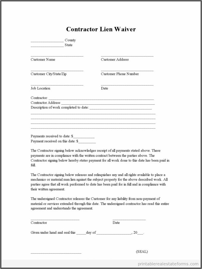 Free Contractor Lien Waiver Form