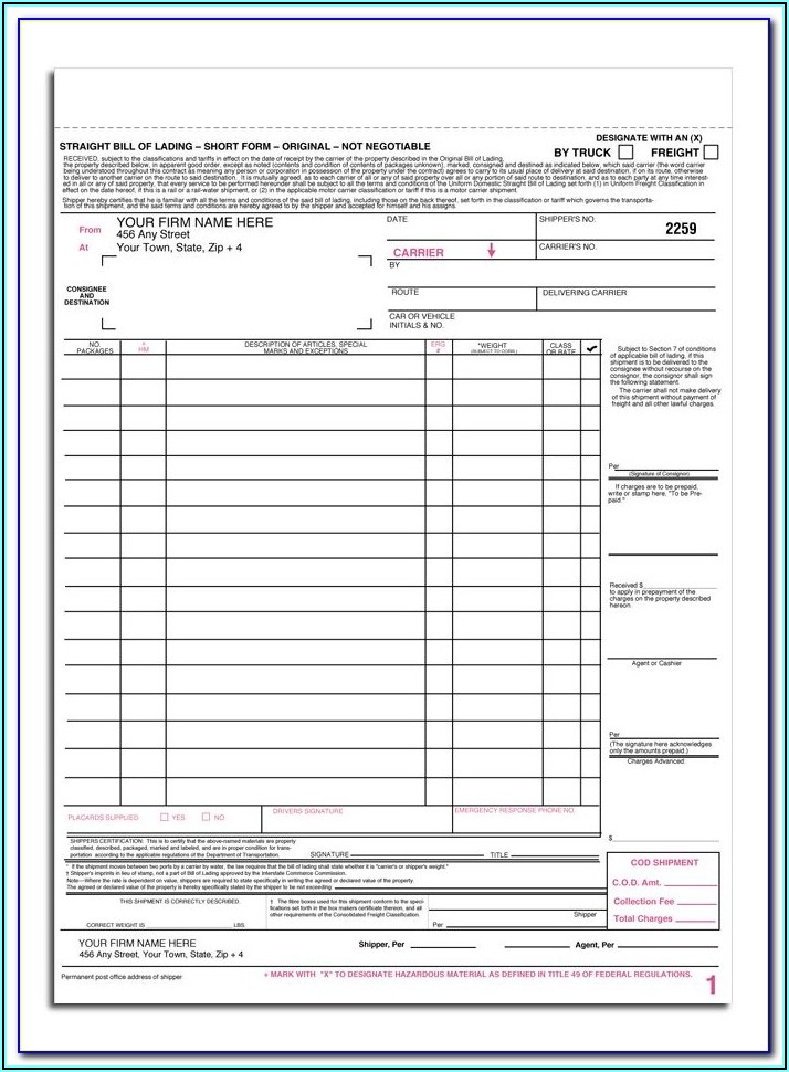Free Fedex Freight Bill Of Lading Form