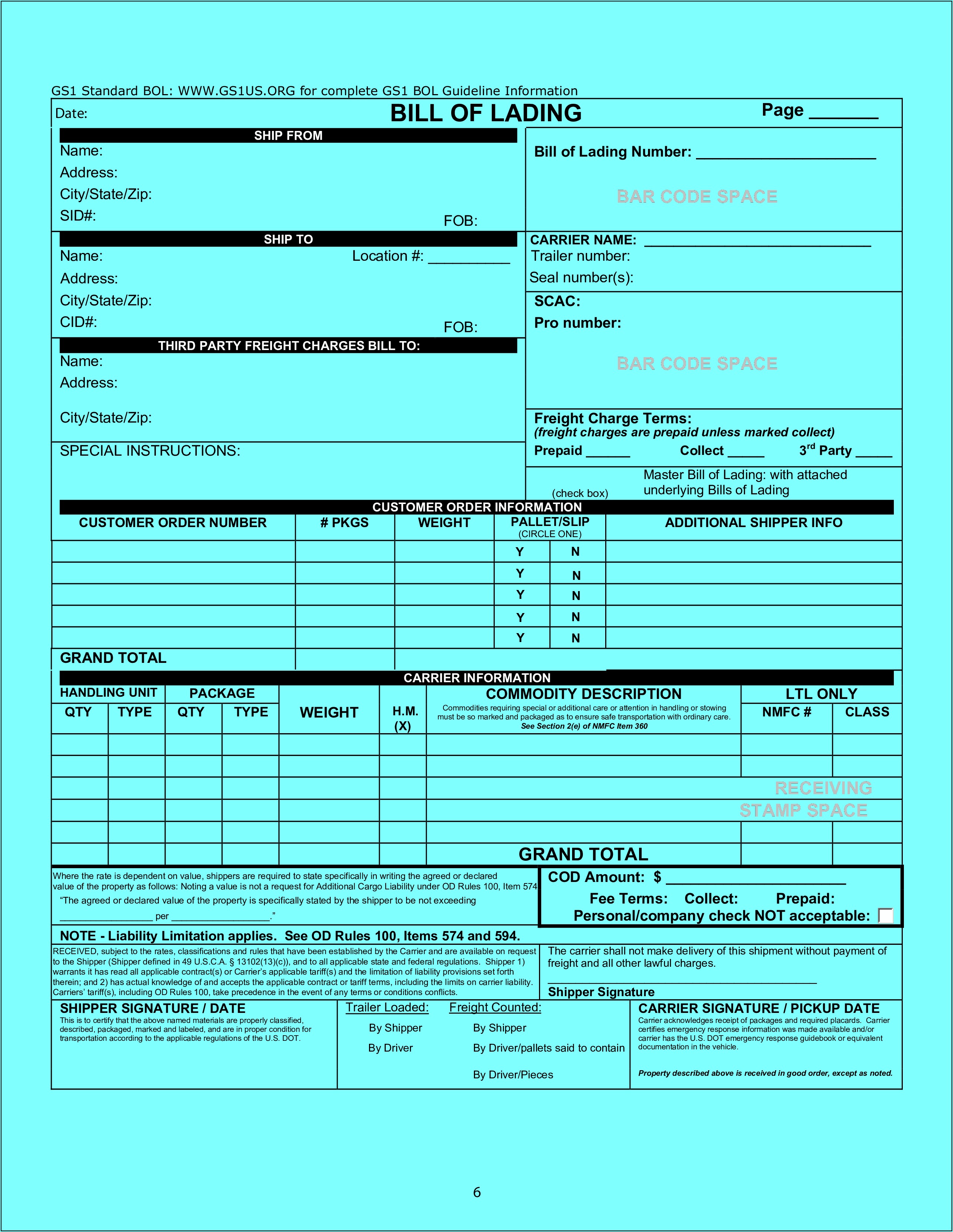 Free Freight Bill Of Lading Form