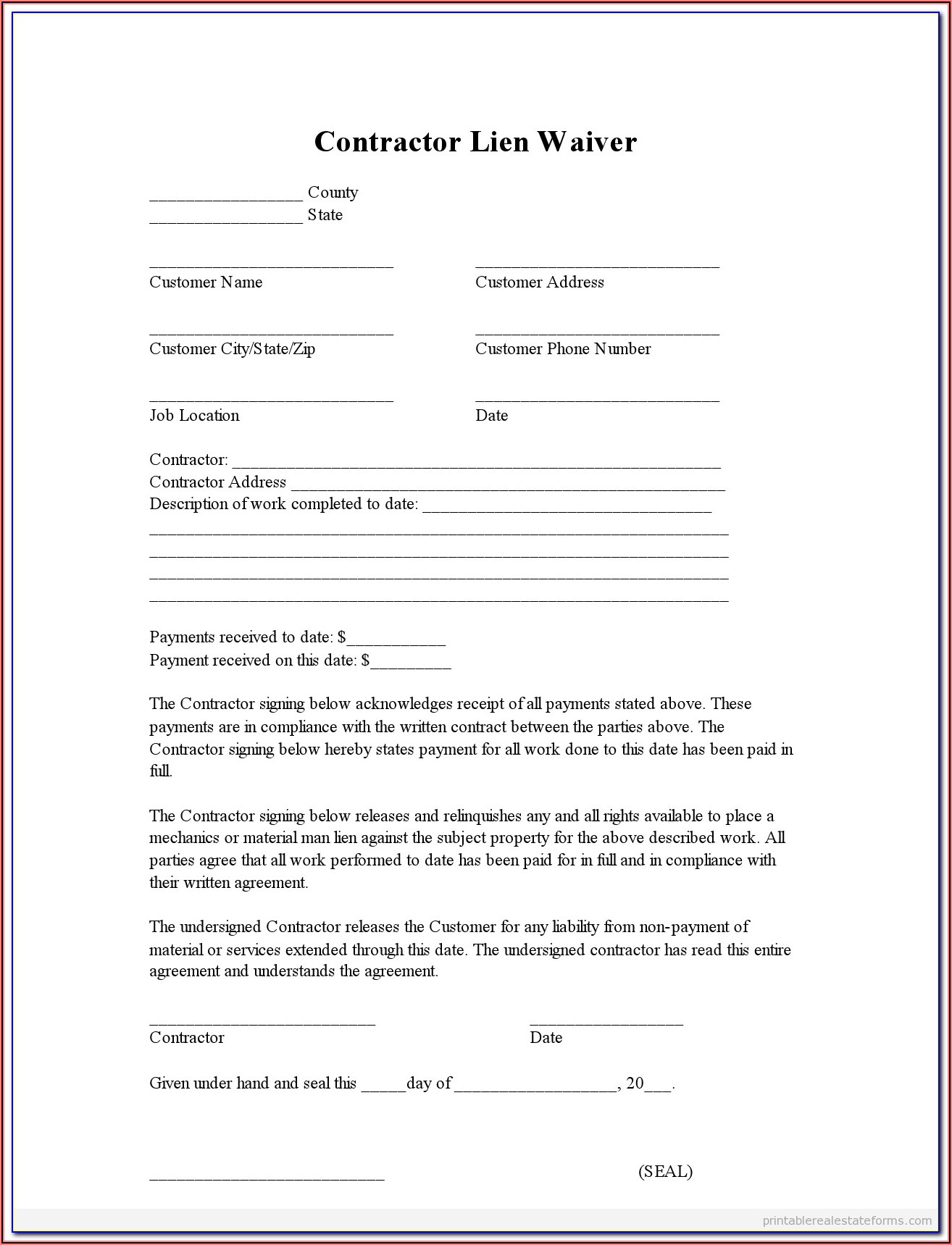 Free Lien Waiver Form Wi
