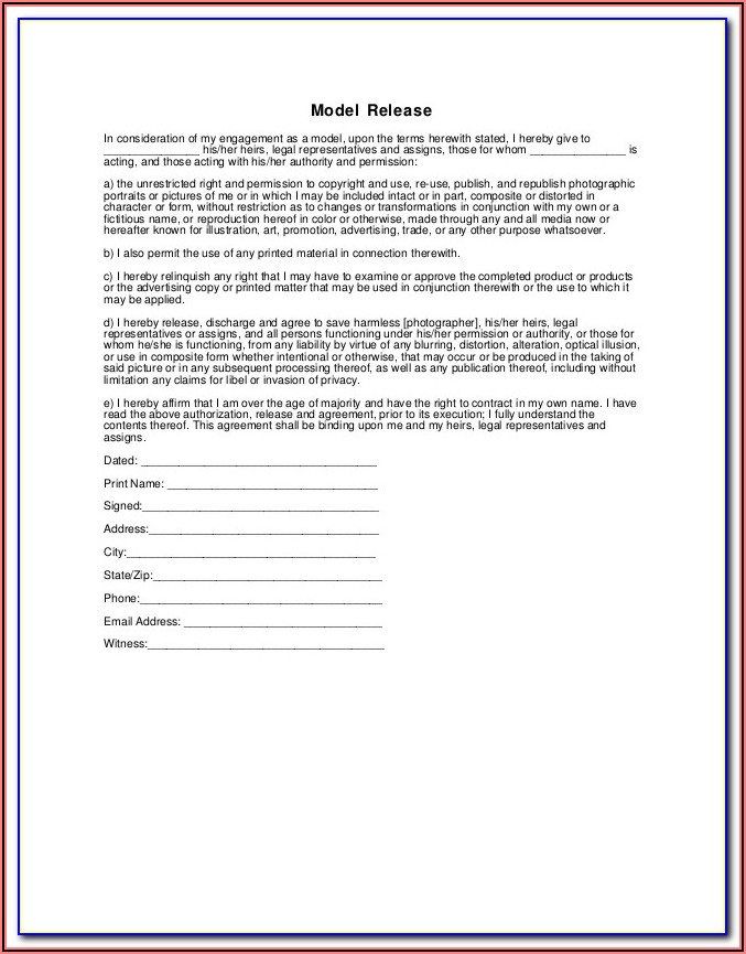 Generic Model Release Form For Photography