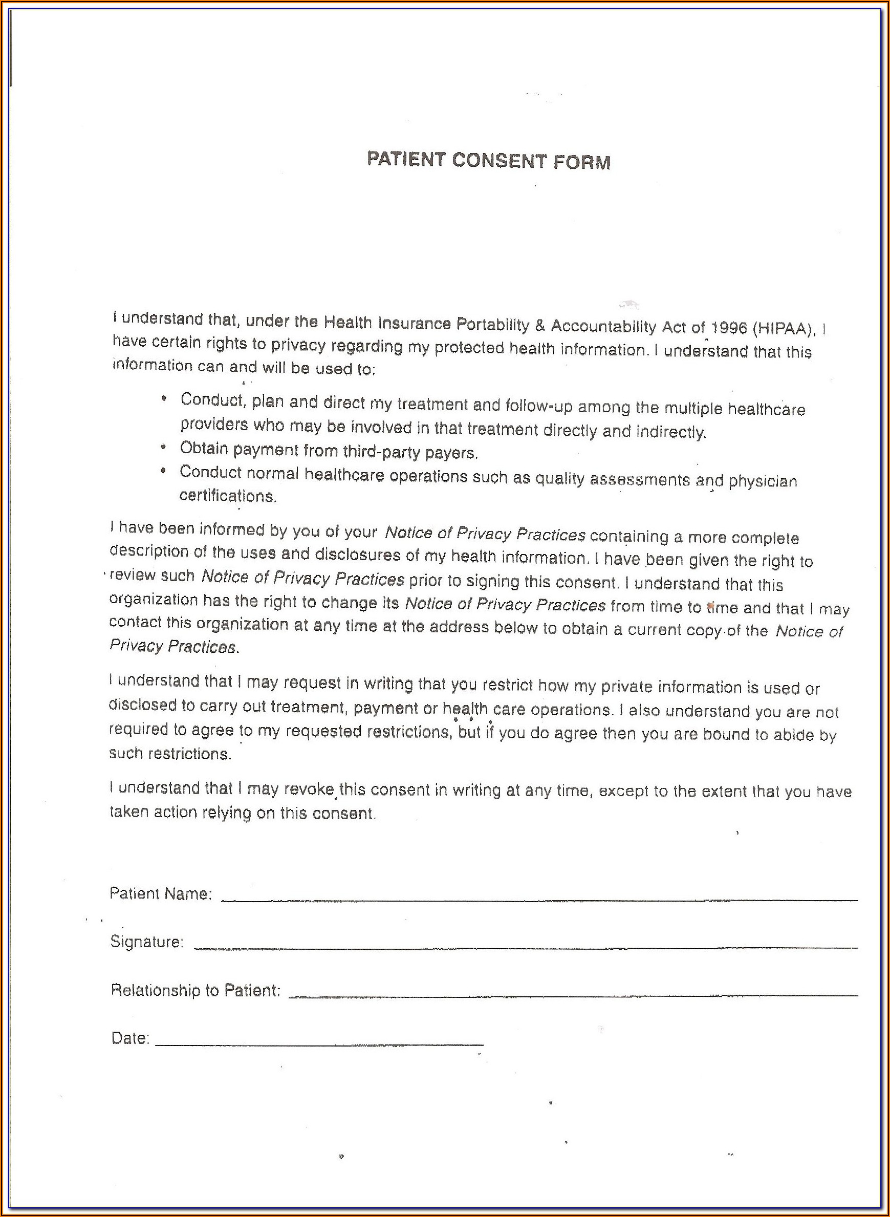Hipaa Compliance Patient Consent Form Spanish
