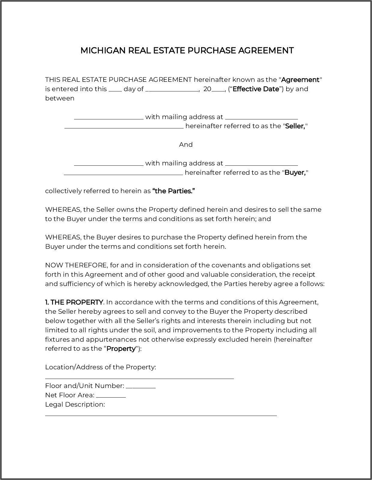House Purchase Agreement Form Michigan