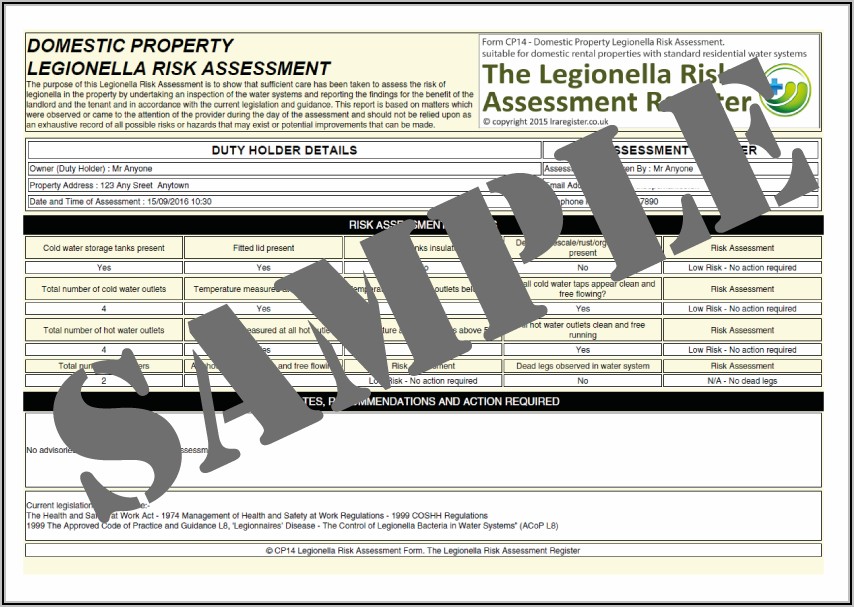 Legionella Risk Assessment Template For Landlords
