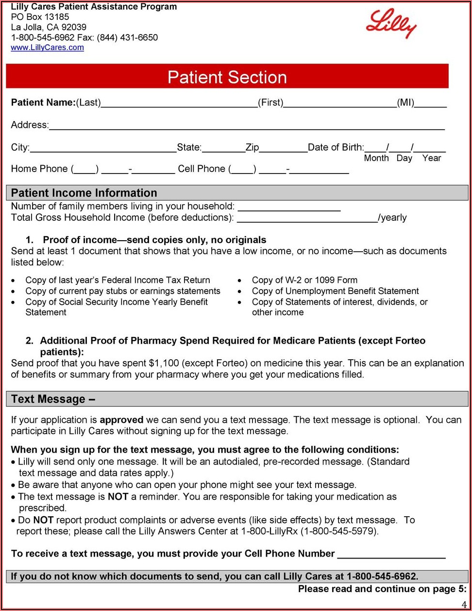 Lilly Cares Patient Assistance Program Refill Request Form