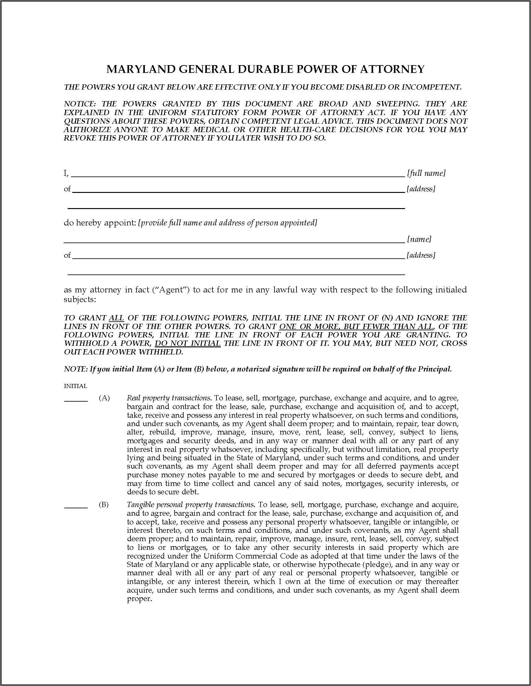 Maryland Attorney General Power Of Attorney Forms