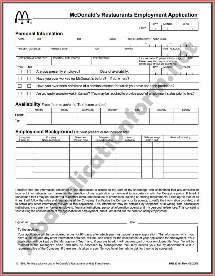 Mcdonalds Job Application Form Canada Pdf