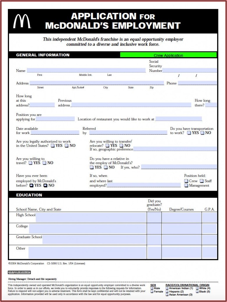 Mcdonalds Job Application Form Pdf