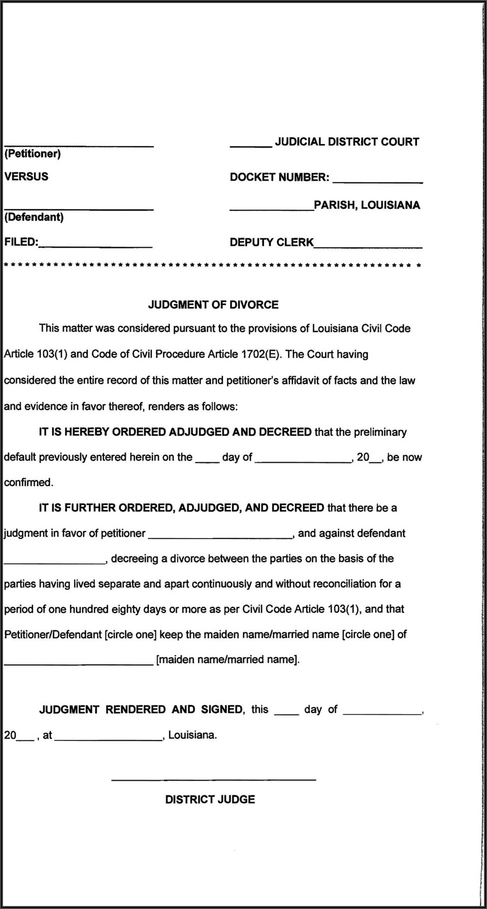 No Fault Divorce Forms Louisiana