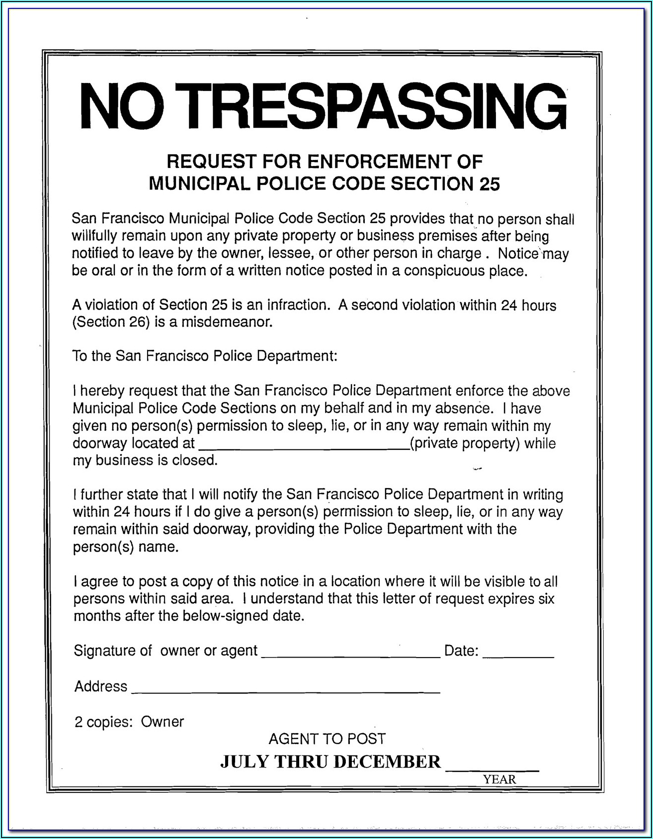 No Trespassing Form