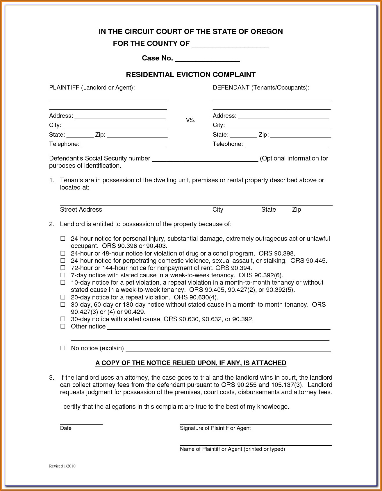 Oregon 24 Hour Eviction Notice Form