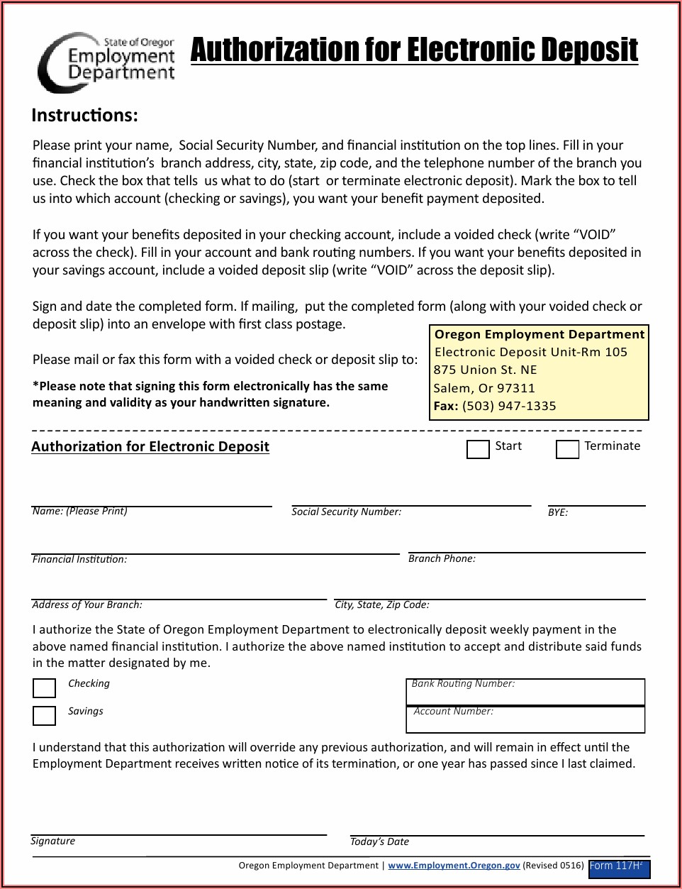 Oregon Ach Debit Authorization Form
