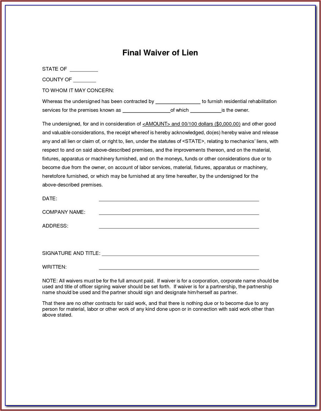 Partial Lien Waiver Form New York