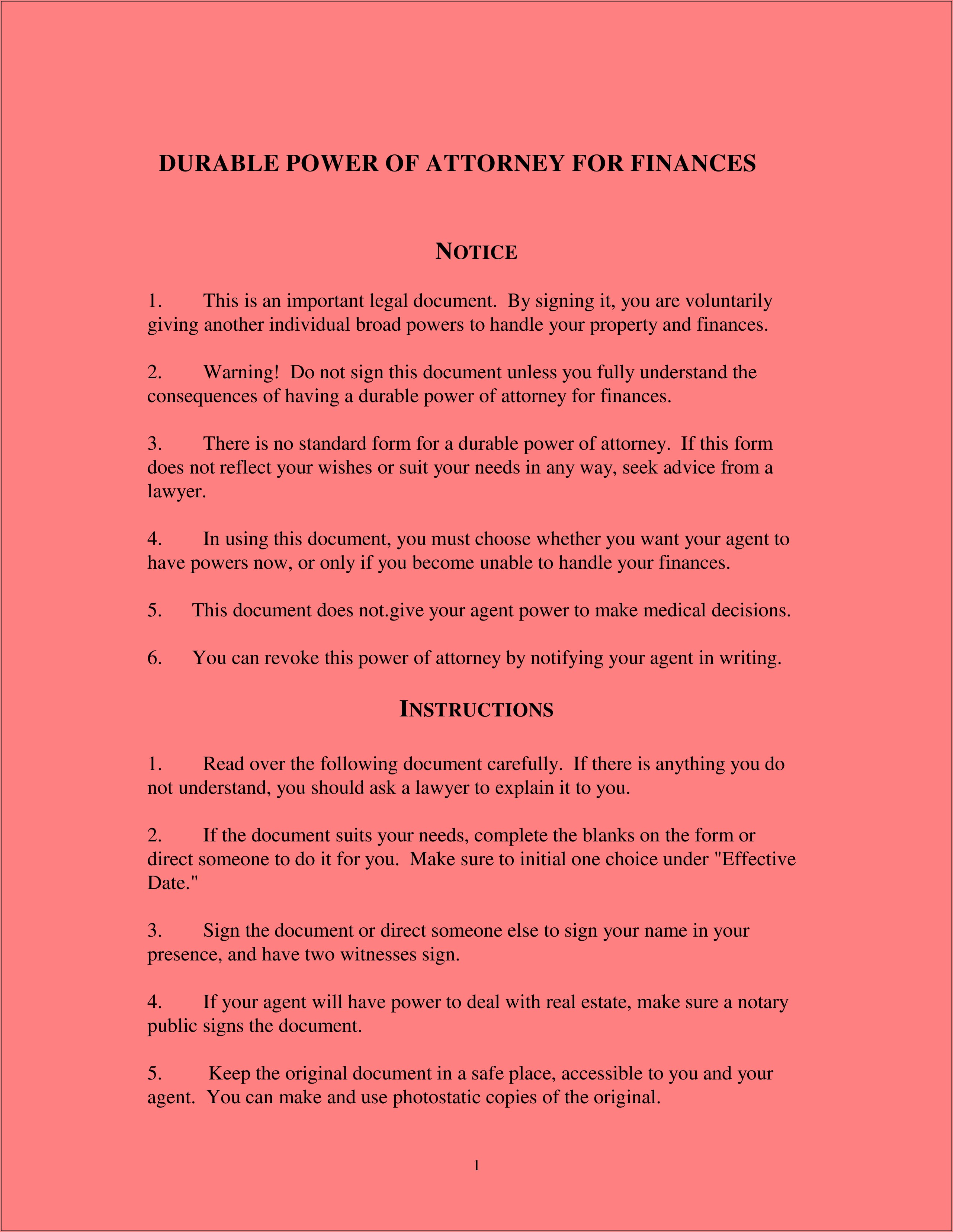 Power Of Attorney Durable Form