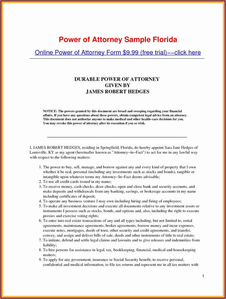Power Of Attorney Form Florida For Medical
