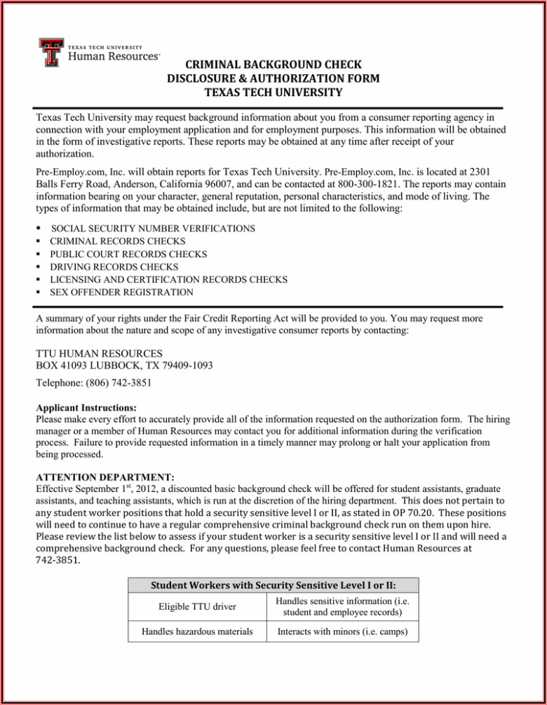 Pre Employment Background Check Authorization Form Texas