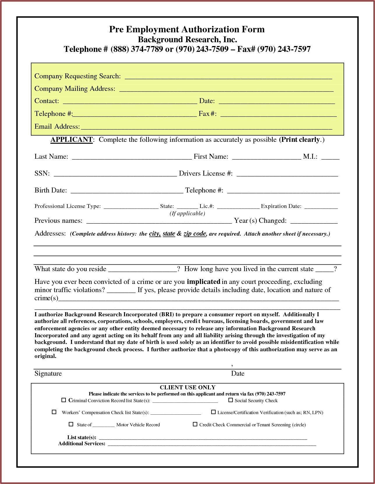 Pre Employment Background Check Form