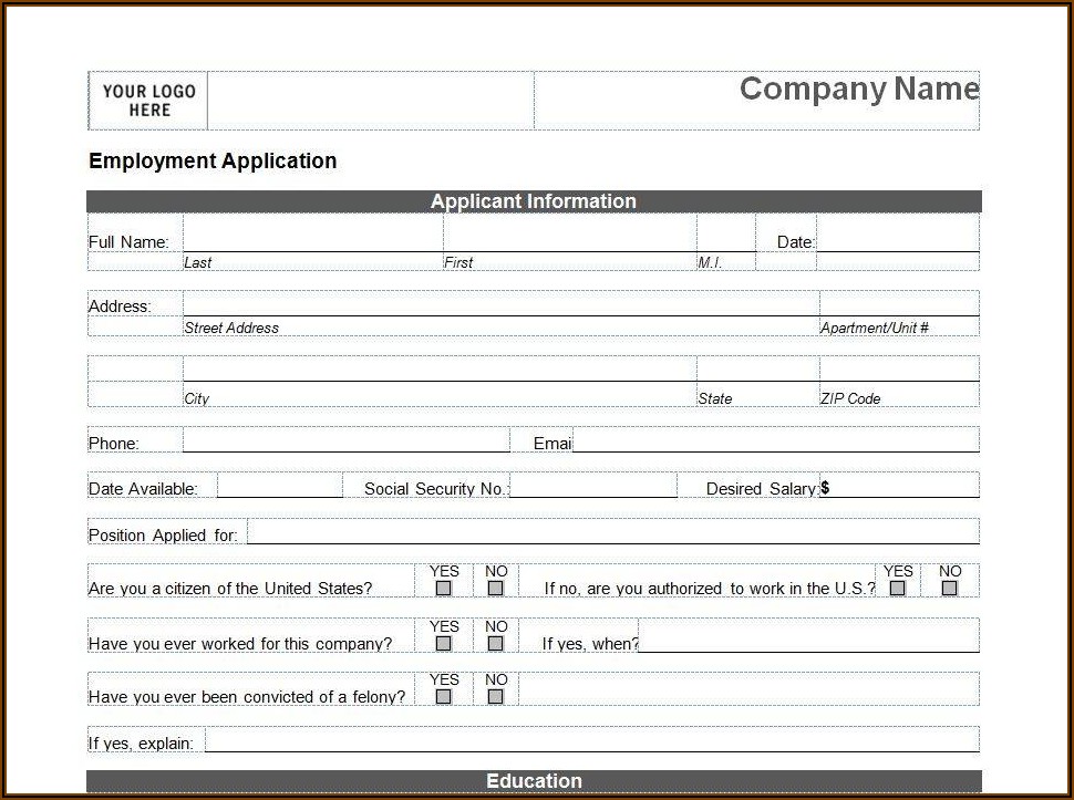 Printable Blank Job Application Form Word Document