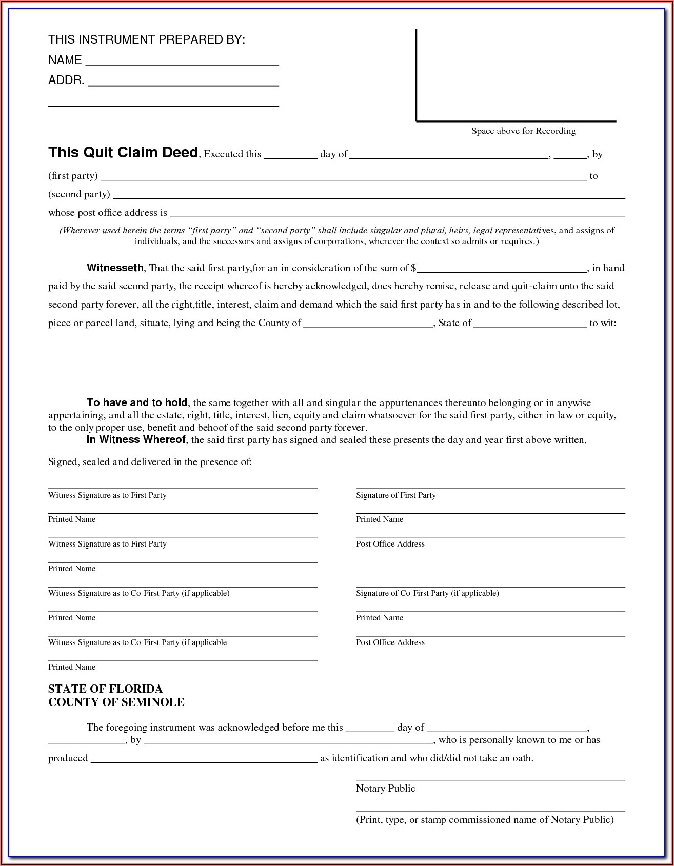 Quit Claim Deed Form Duval County Florida