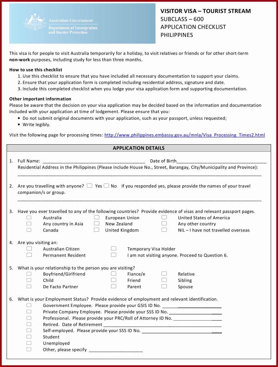 Australia Visitor Visa Application Form