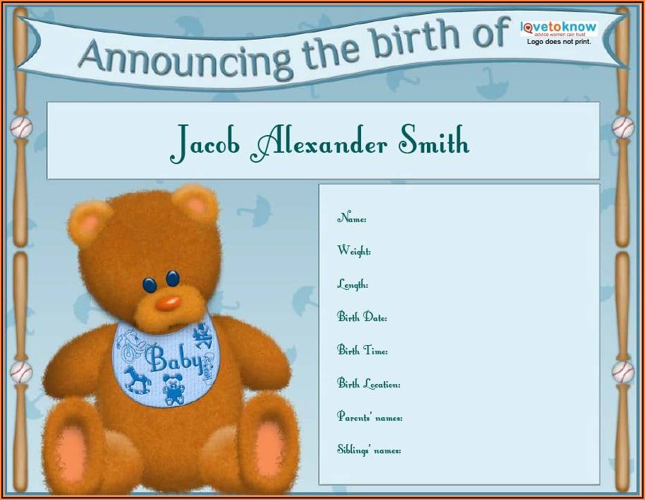 Baby Boy Birth Announcement Sample